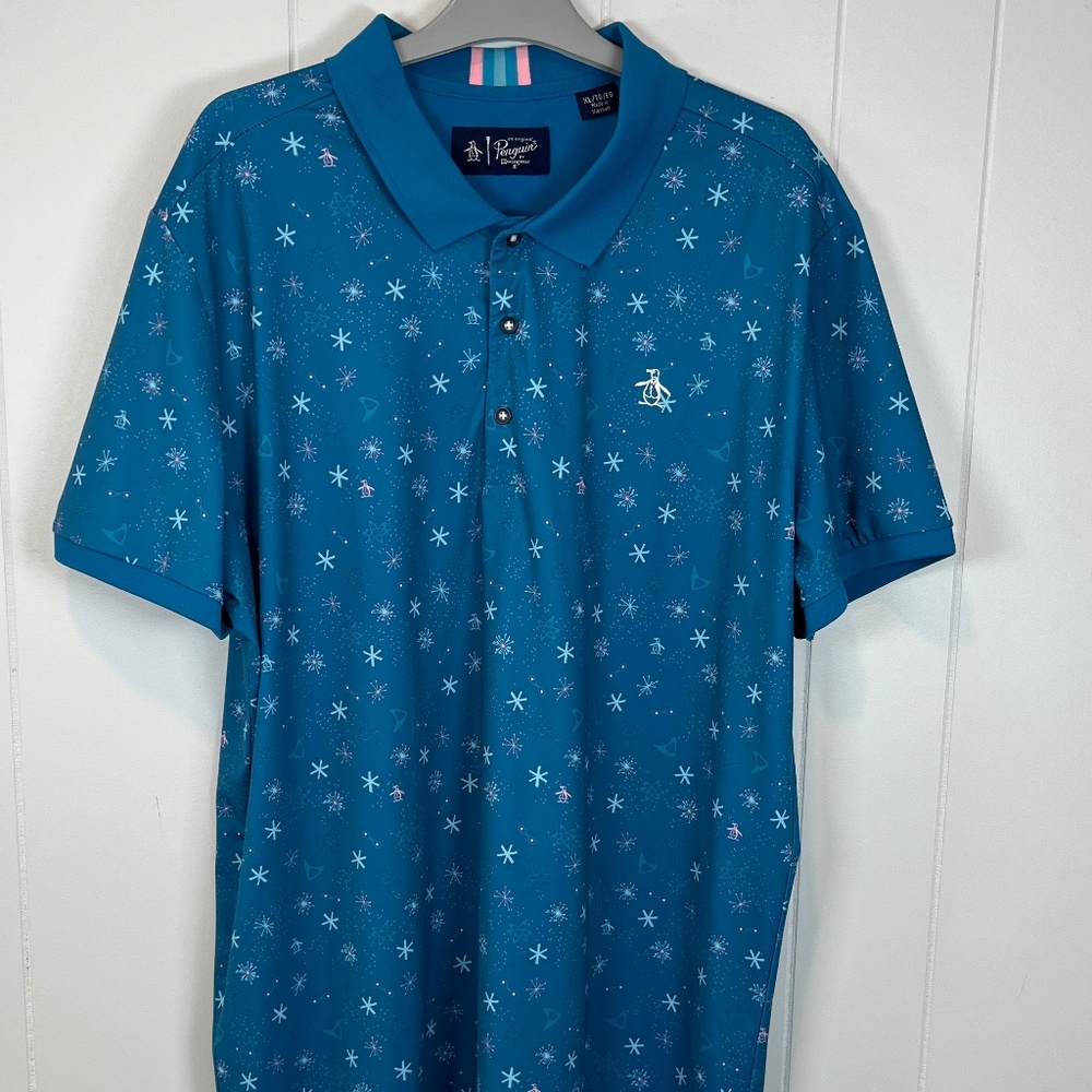 Men's Original Penguin Golf Atomic Pete Print Short Sleeve Polo Turquoise sz XL